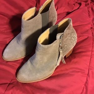 Tan suede boot with snakeskin heel